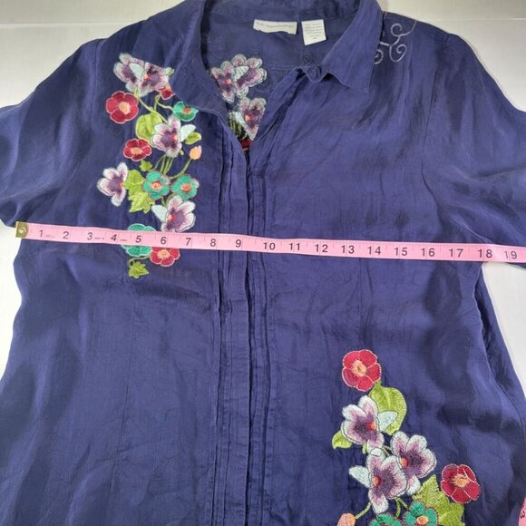 Soft Surroundings Women Purple Embroidered Floral Button-Down Shirt Top Size M - Picture 5 of 11